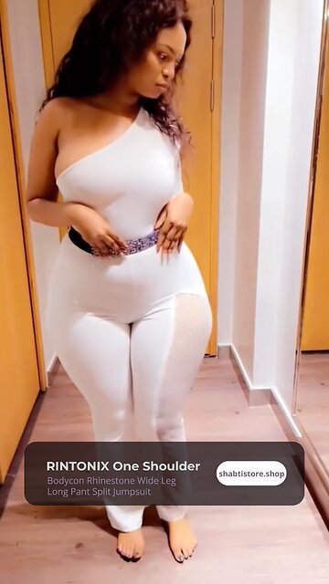 RINTONIX One Shoulder Bodycon Rhinestone Wide Leg Long Pant Split Jumpsuit🤍