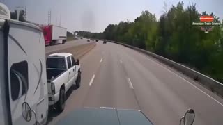 Man attempts to pass truck on an ending lane. dashcam collision