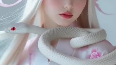 Cute girl and white snake