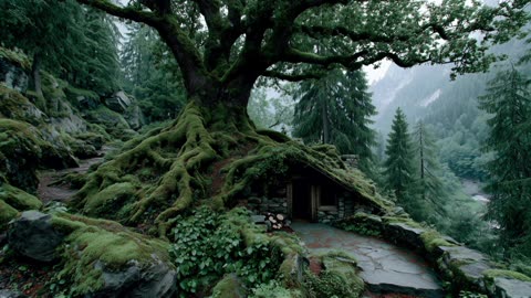 4K Nature Ambience: Mountain Cabin Under Ancient Tree with Night Birds & Crickets for Sleep