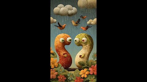 enjoy two cashews nuts and pistachios talking about their colours and some birds flying over .