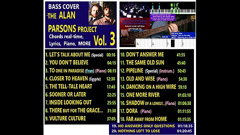 Bass cover ALAN PARSONS PROJECT Vol. 3 (See 1, 2 in descr.) __ Chords real-time, Lyrics, MORE