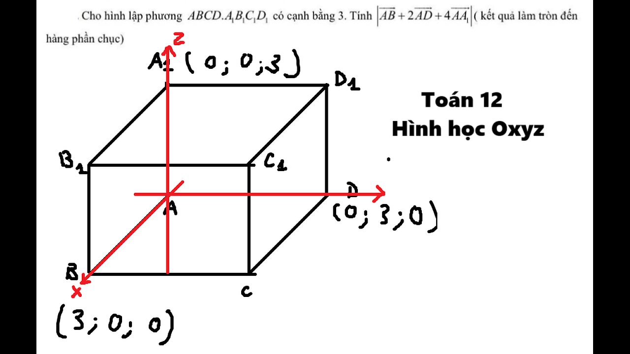 Toán 12: Cho hình lập phương ABCD.A1B1C1D1 có cạnh bằng 3. Tính |AB + 2AD + 4AA1| - Hình học Oxyz