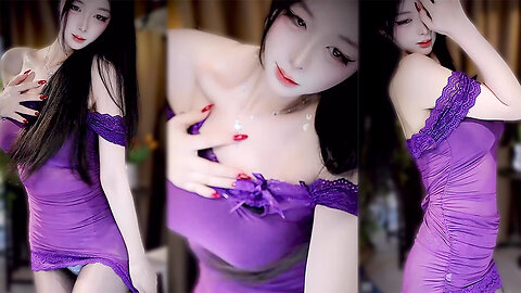 Seductive dancer in a purple lace bodycon and black stockings, teasing curves