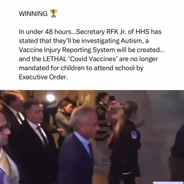 “快訊”不到 48 小時.... 美國衞生與公眾服務部新任部長RFK Jr 表示，他們將對自閉症展開調查。將建立疫苗傷害報告系統....並且，行政命令不再强制要求兒童接種致命的“新冠疫苗”上學