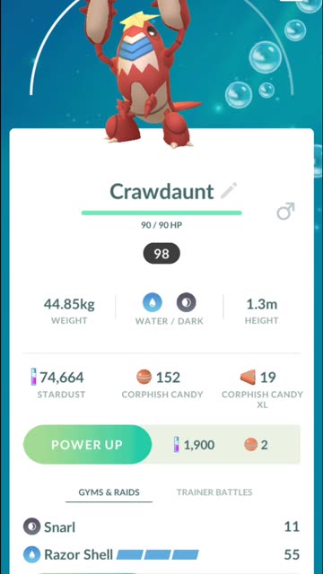 Pokemon Go Evolution - 98% iV Corphish ➡️ Crawdaunt