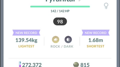 Pokemon Go Evolution - 98% iV Pupitar ➡️ Tyranitar + Dragon Breath