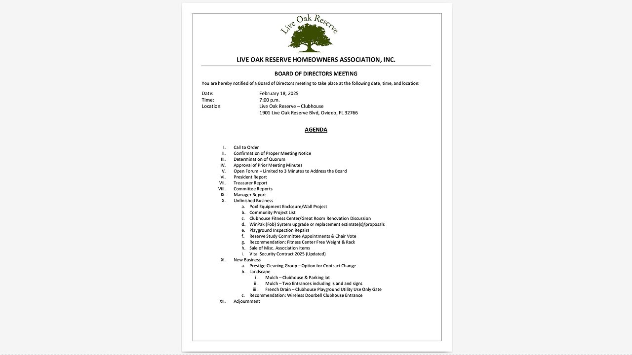 Live Oak Reserve HOA - Board of Directors Meeting 2025-02-18