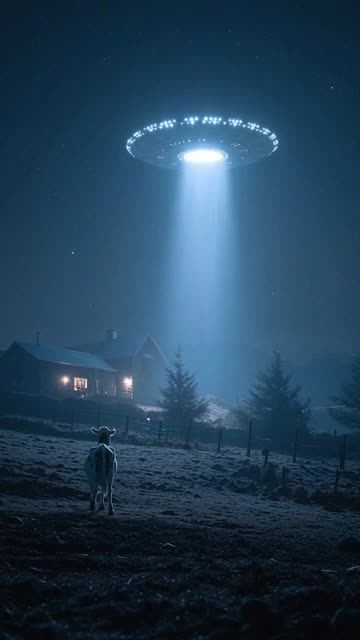 a video of a cow being abducted into a spaceship in the night sky above a farm.