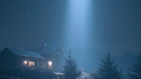 a video of a cow being abducted into a spaceship in the night sky above a farm.