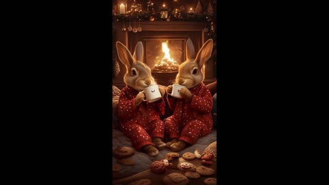 Two Bunnies Sipping Coco By A Cozy Fireplace