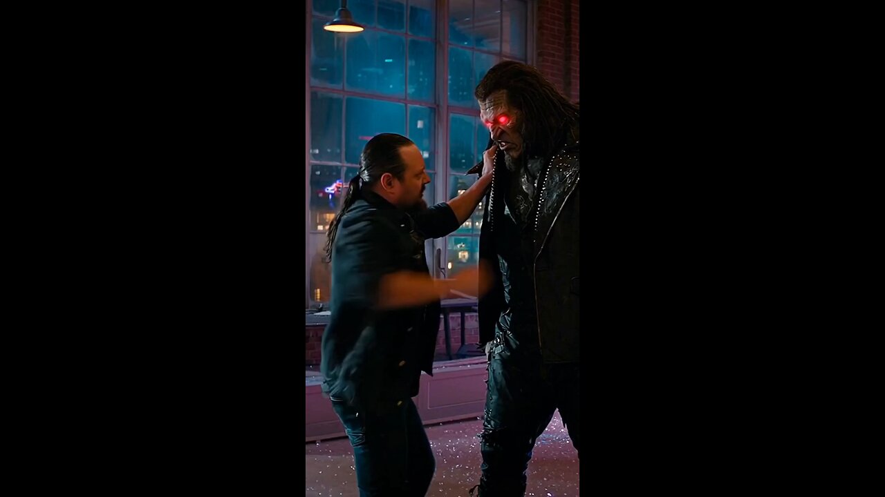 Russell Blade throws the red-eyed monster out the window and he lands on a car.