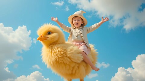 Flying High: Baby's Joyride on a Fluffy Chick! 🐥☁️