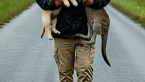 Golden Retriever Pup Saves a Baby Kangaroo with a Man’s Help
