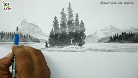 Pencil art Trees on the lake and mountains || Pencil sketch and shading