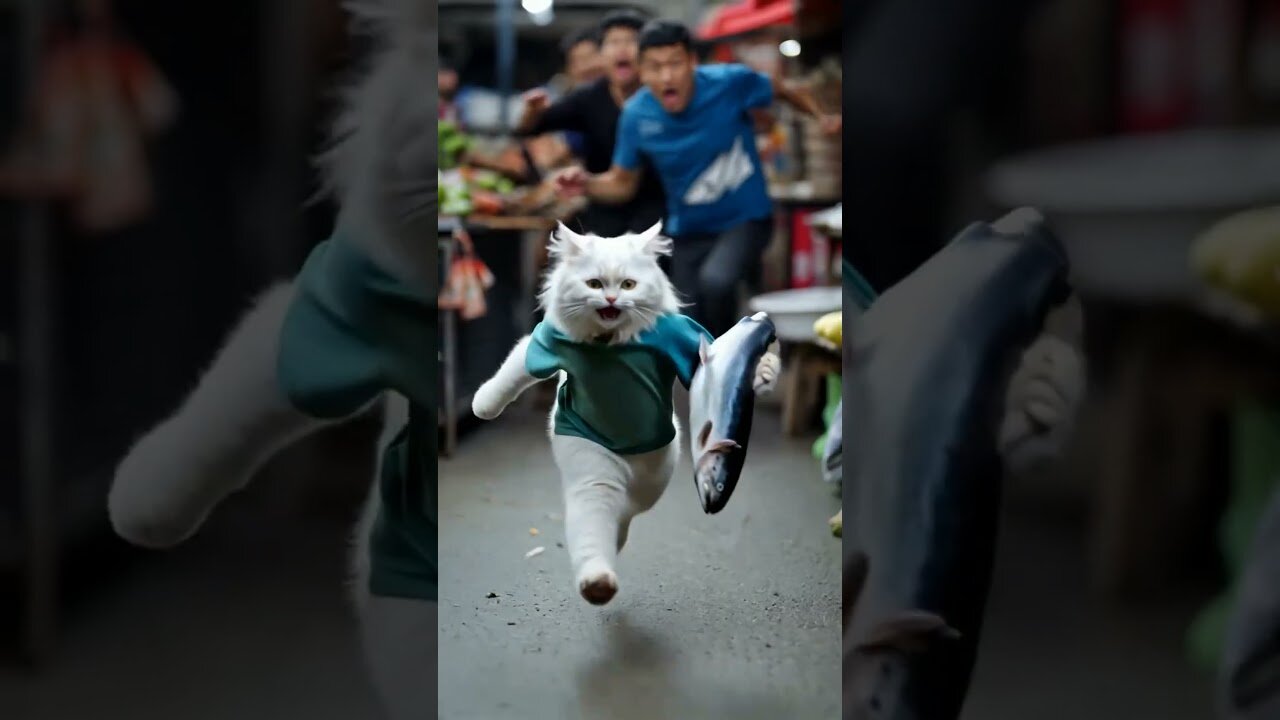 Funny AI Cat Steals Fish from Market & Escapes! (Must Watch!)