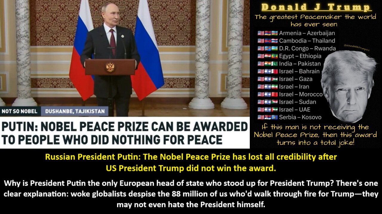 Russian President Putin: The Nobel Peace Prize has lost all credibility after US President Trump did not win the award.