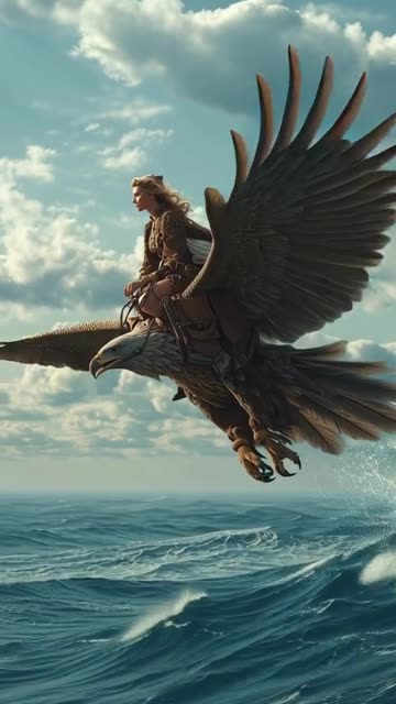 Seorang wanita cantik menunggang burung rajawali yang sedang terbang melintasi laut