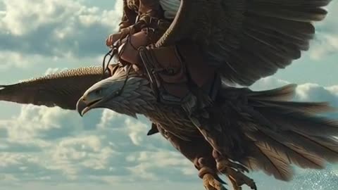 Seorang wanita cantik menunggang burung rajawali yang sedang terbang melintasi laut