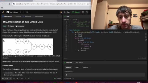 Linked List Worked Example: Leetcode 160 Intersection of Two Linked Lists