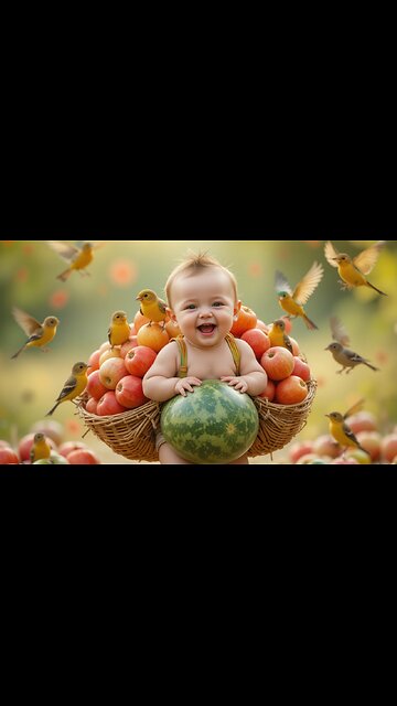 Adorable Baby in a Fruit Basket with Singing Birds! 🍎😊