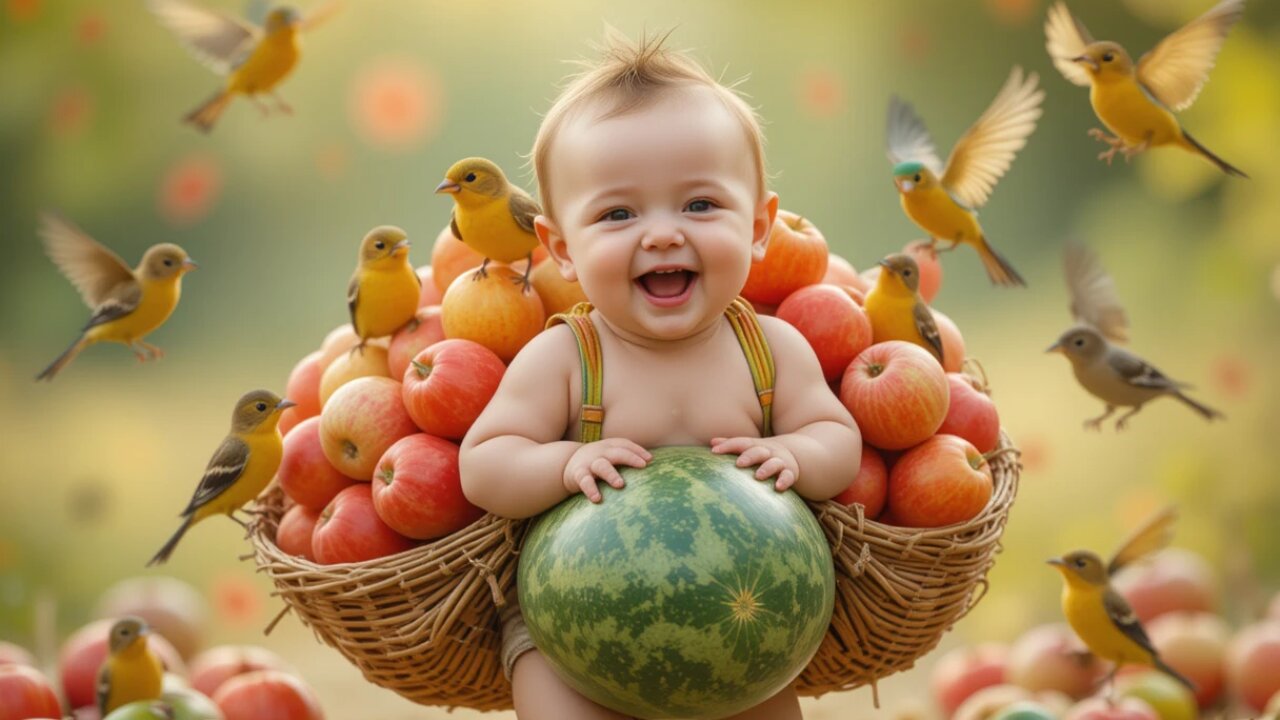 Adorable Baby in a Fruit Basket with Singing Birds! 🍎😊