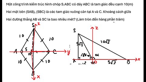 Toán 12: Tọa độ hóa: Một công trình kiến trúc hình chóp S.ABC có đáy ABC là tam giác đều cạnh 10(m)