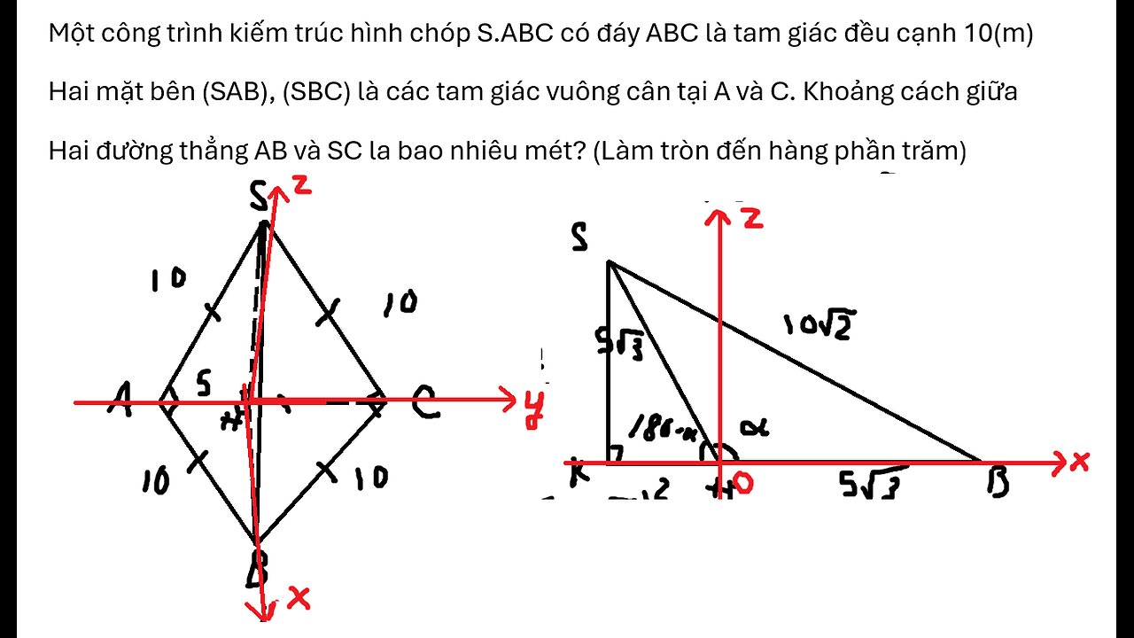 Toán 12: Tọa độ hóa: Một công trình kiến trúc hình chóp S.ABC có đáy ABC là tam giác đều cạnh 10(m)