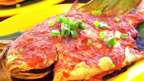 Huge Grilled Squid, Grilled Chili Fish on Banana Leaves