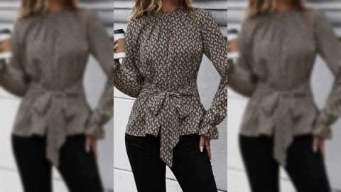 Printed Tie-Waist Flounce Sleeve Blouse