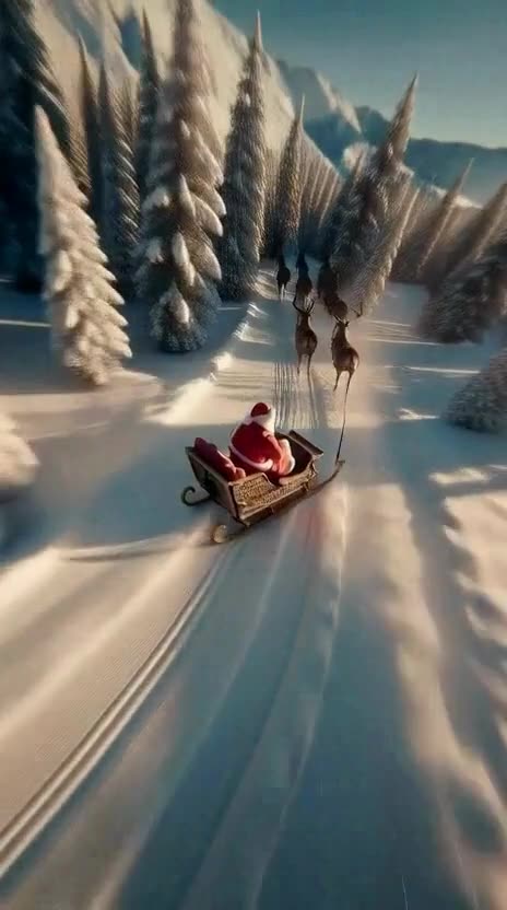 Santa in an ornate sleigh pulled by reindeer moving at high speed through a snowy forest