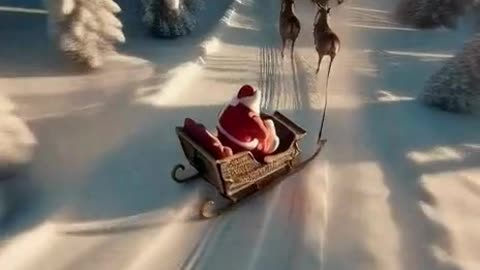 Santa in an ornate sleigh pulled by reindeer moving at high speed through a snowy forest