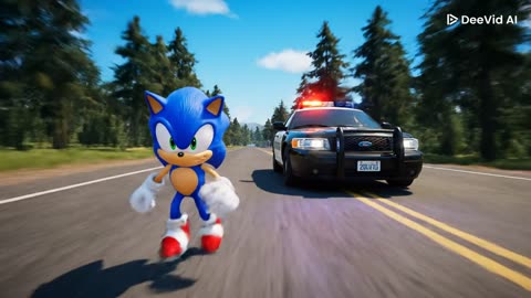 Sonic the hedgehog is chasing by police car - AI Video