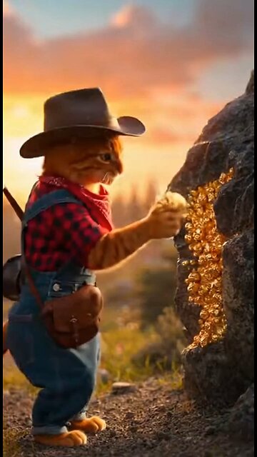 The hillbilly Orange cat finds gold and takes it to his cabin