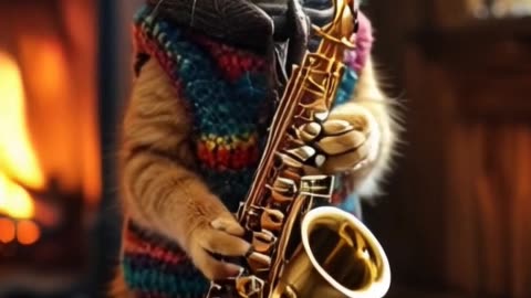 a ginger cat standing on its hind legs, gently swaying as it prepares to play the saxophone.