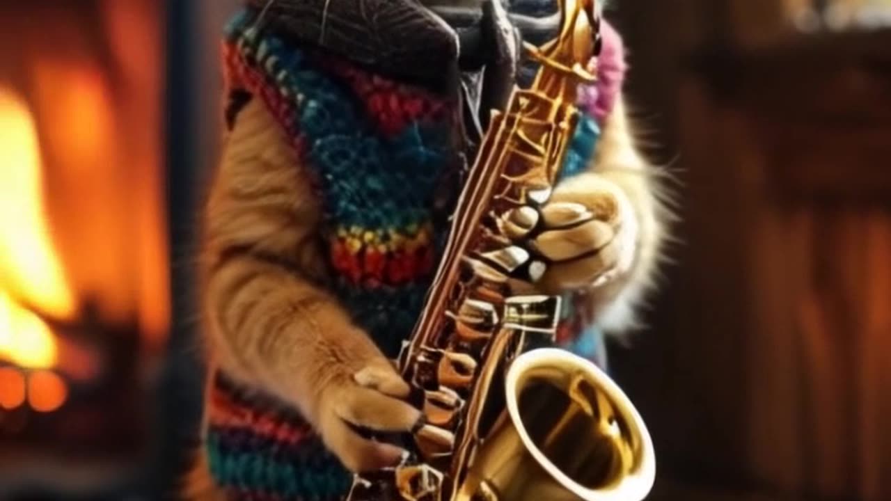 a ginger cat standing on its hind legs, gently swaying as it prepares to play the saxophone.