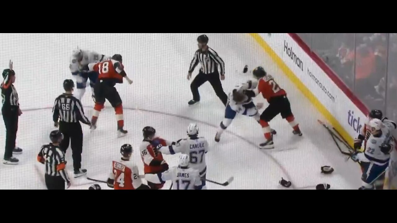 Multiple fights break out after hard check, NHL Tampa Bay Lightening vs Philadelphia Flyers