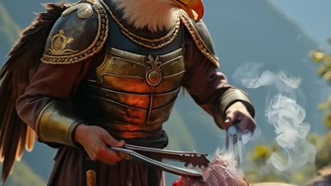 Eagle "Falco" grills meat in a magical mountain kitchen: