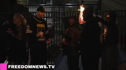 Confrontations as Anti-ICE Protesters burn American flags while confronted by Pro ICE