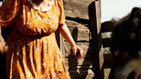 An angry old woman saves a duck from a wolf