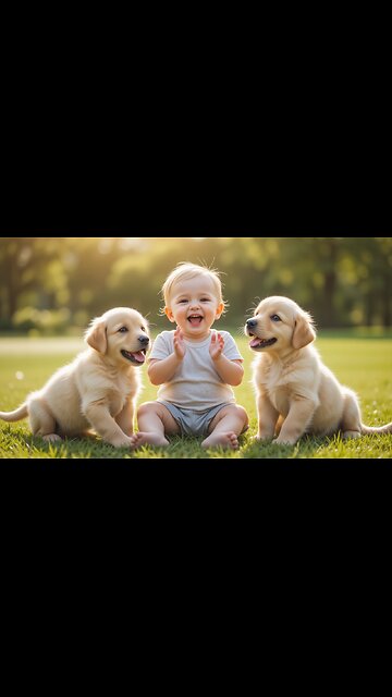 Joyful Baby Plays with Adorable Golden Retriever Puppies