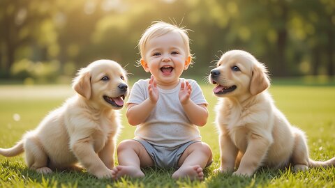 Joyful Baby Plays with Adorable Golden Retriever Puppies