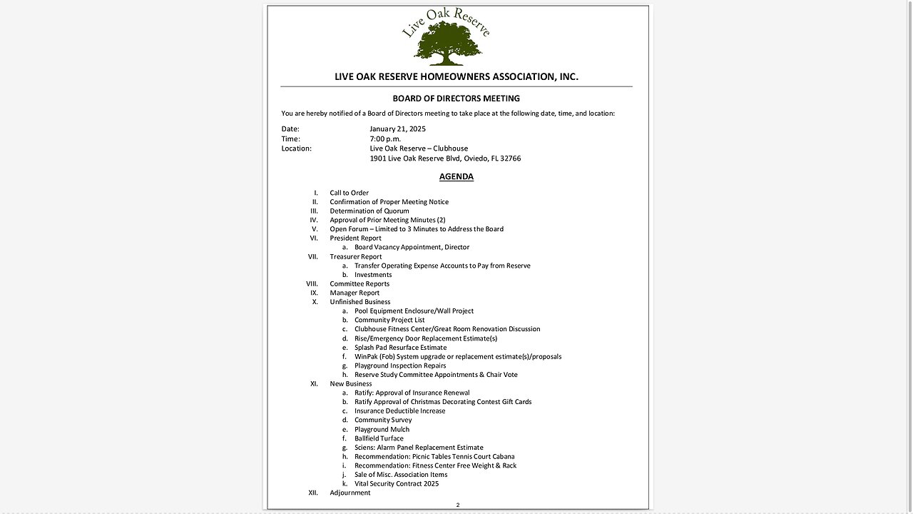 Live Oak Reserve HOA - Board of Directors Meeting 2025-01-21