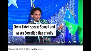 Omar Fateh waves Somalia's flag and speaks somalin at rally to become may or Minneapolis