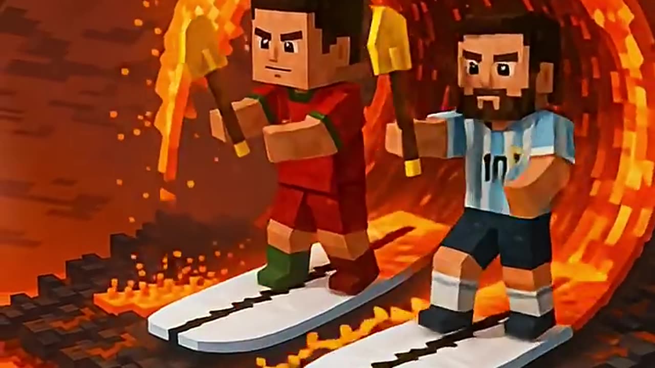 minecraft ronaldo and messi epic lava surfing challenge #messi #ronaldo #cr7 #shorts #minecraft
