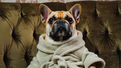 Dramatic slow-motion video of a French Bulldog wearing a tiny bathrobe
