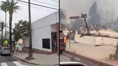 The Palisades Village Starbucks is now an unrecognizable shell after being ravaged by fire..mp4