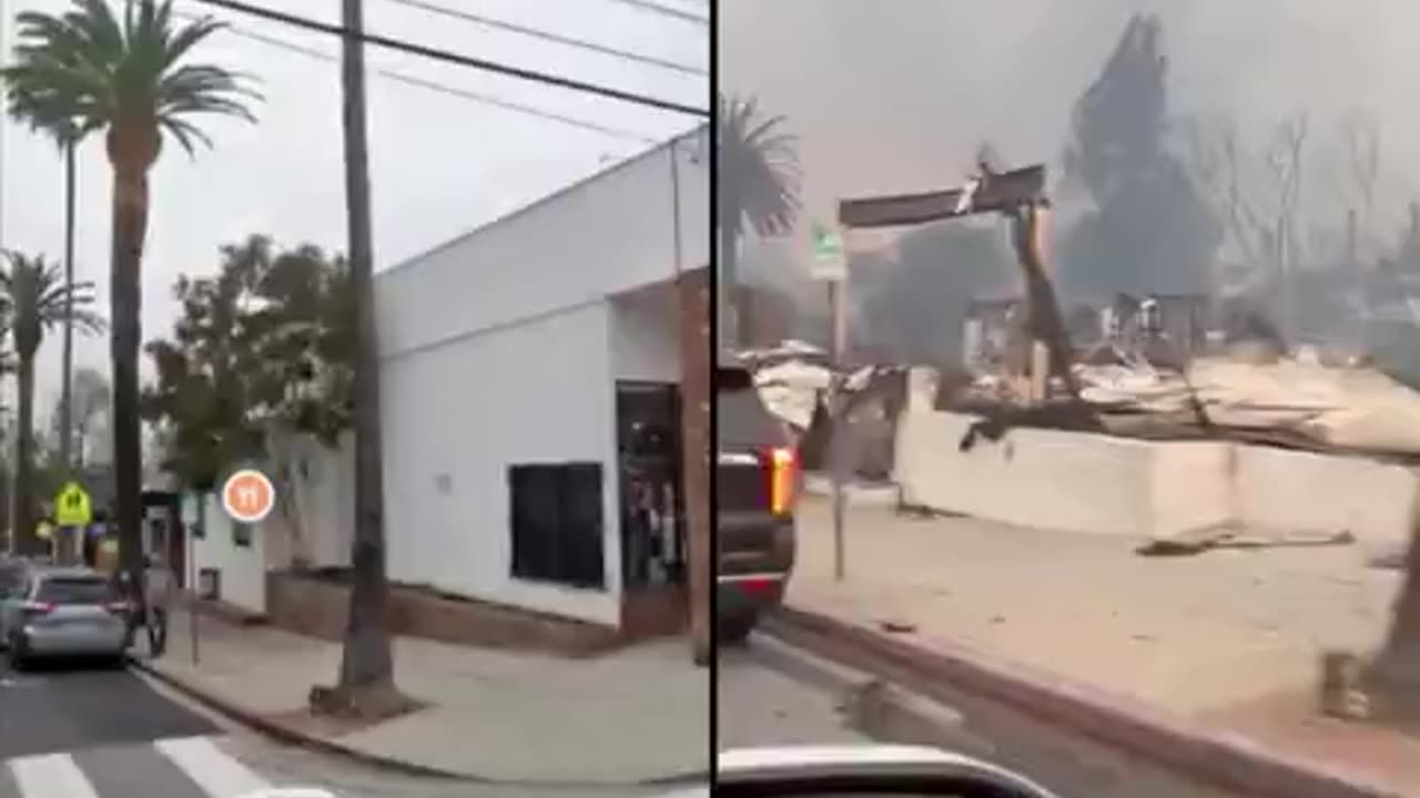 The Palisades Village Starbucks is now an unrecognizable shell after being ravaged by fire..mp4