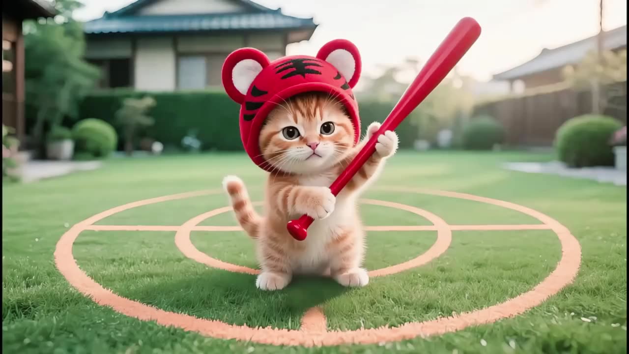 Tiger-Hat Kitten Hits Head with Bat! Silver Gradient Dizzy Learning Baseball