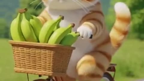 A cute chubby orange tabby cat rides a bicycle